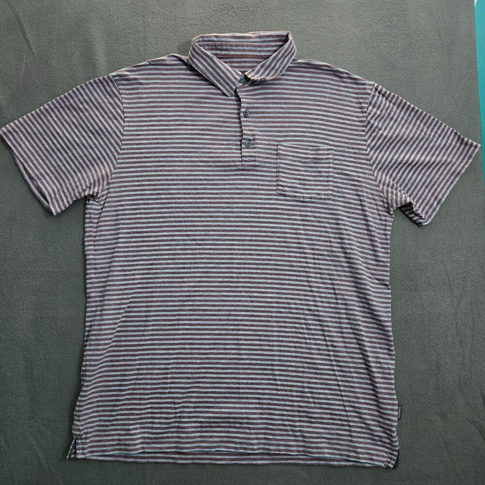 Patagonia Men L Blue Stripe Pocket Short Sleeve Organic Cotton Polo Shirt